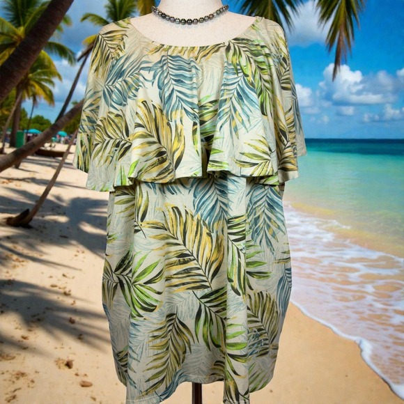 Catherines Tops - Catherines Popover Cape Top Women's 3X Tropical Leaf Relaxed Vacation Resortwear